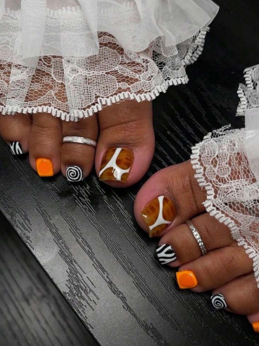 Trendy Orange & Black Toe Nail Art Press on Set